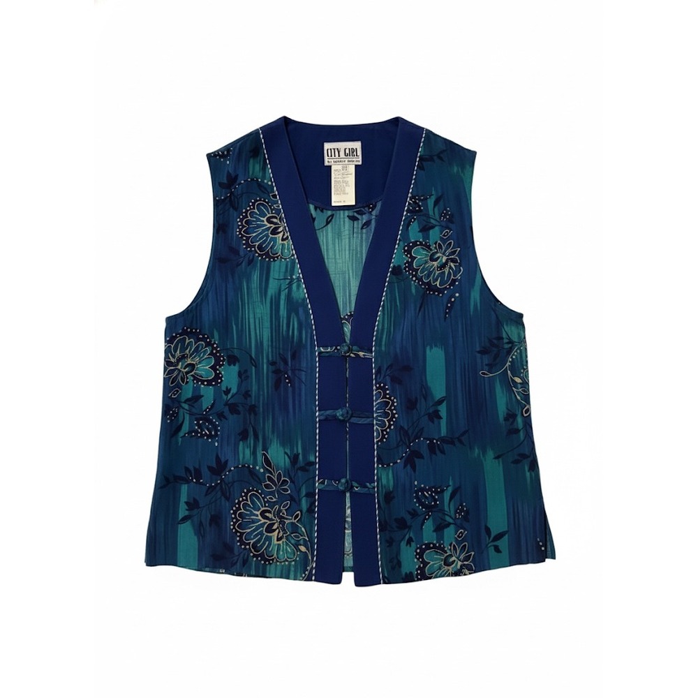 City Girl by Nancy‎ Bolen Vtg Womens Sleeveless Vest Blue Floral Sz 10 Retro